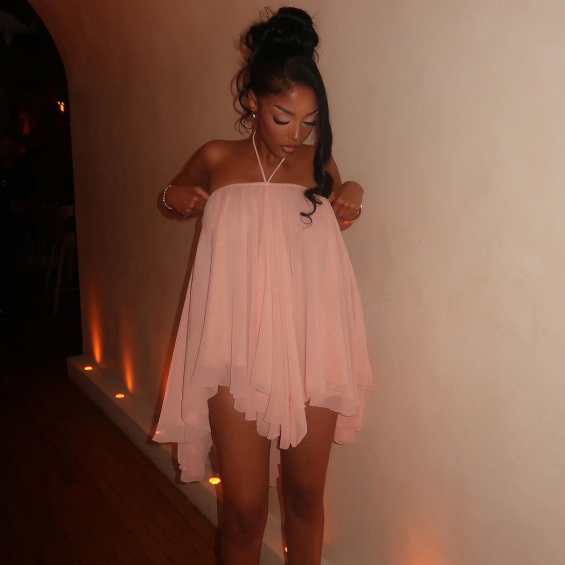 Halter Lace-Up Backless Mini Dress - Tie Neck A-Line Summer Dress