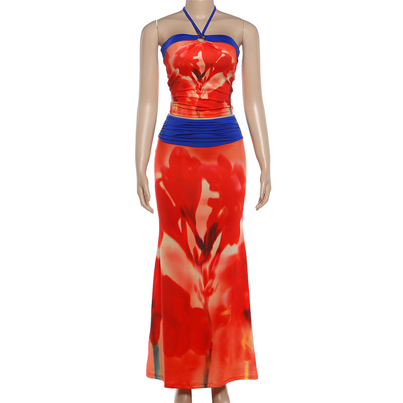 Red Floral Halter Crop Top & Maxi Skirt Set - Color Block Ring Tie 2-Piece Set