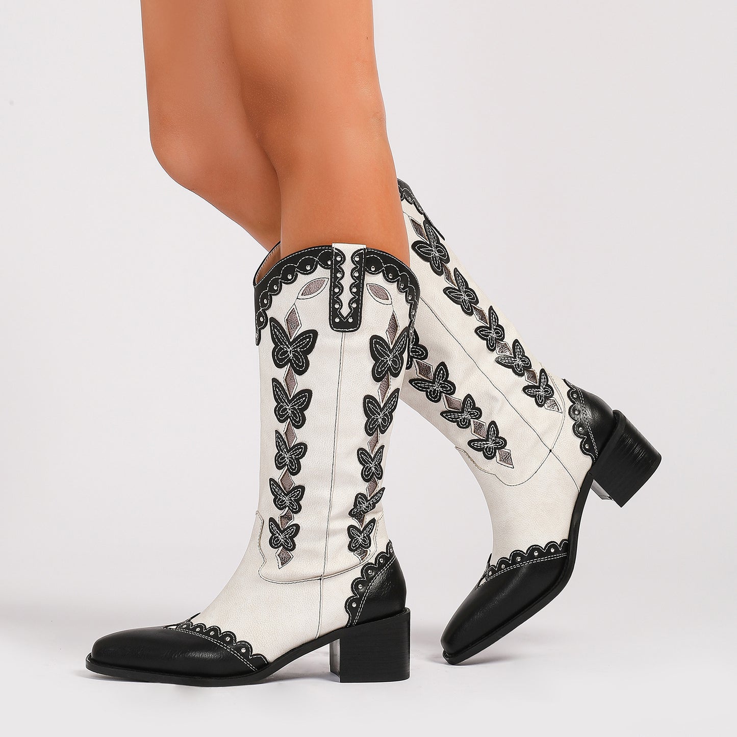 Chunky Heel Butterfly Denim Cowboy Boots
