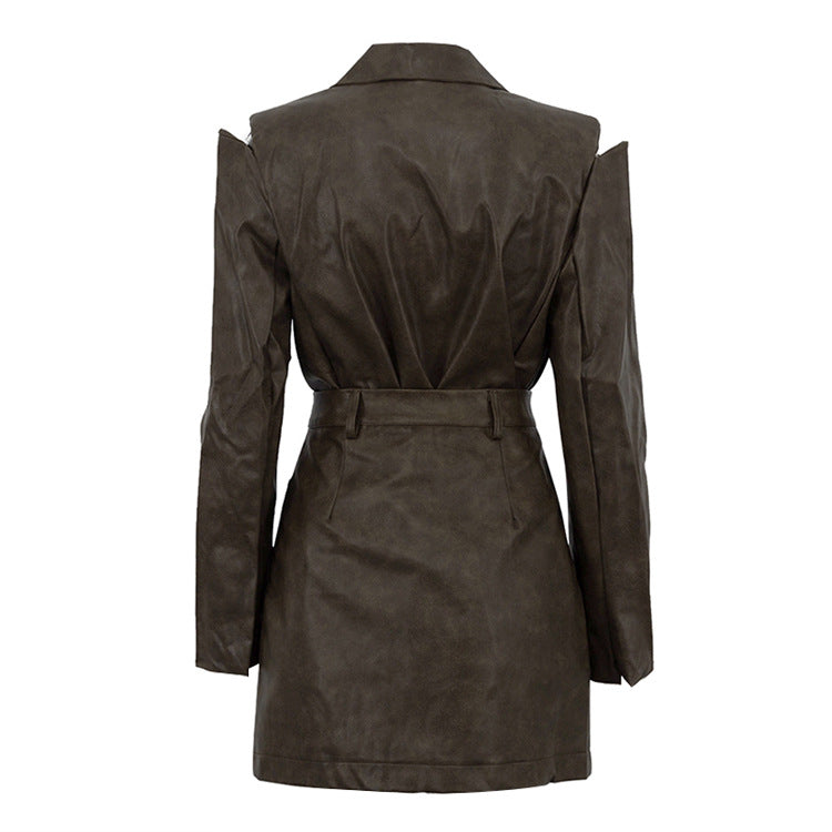 Retro Cutout Faux Leather Two-Piece Suit