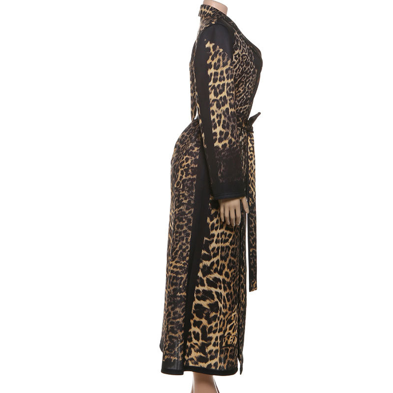 Women’s Leopard Print Belted Trench Coat – Casual Extra-Long Animal Print Coat