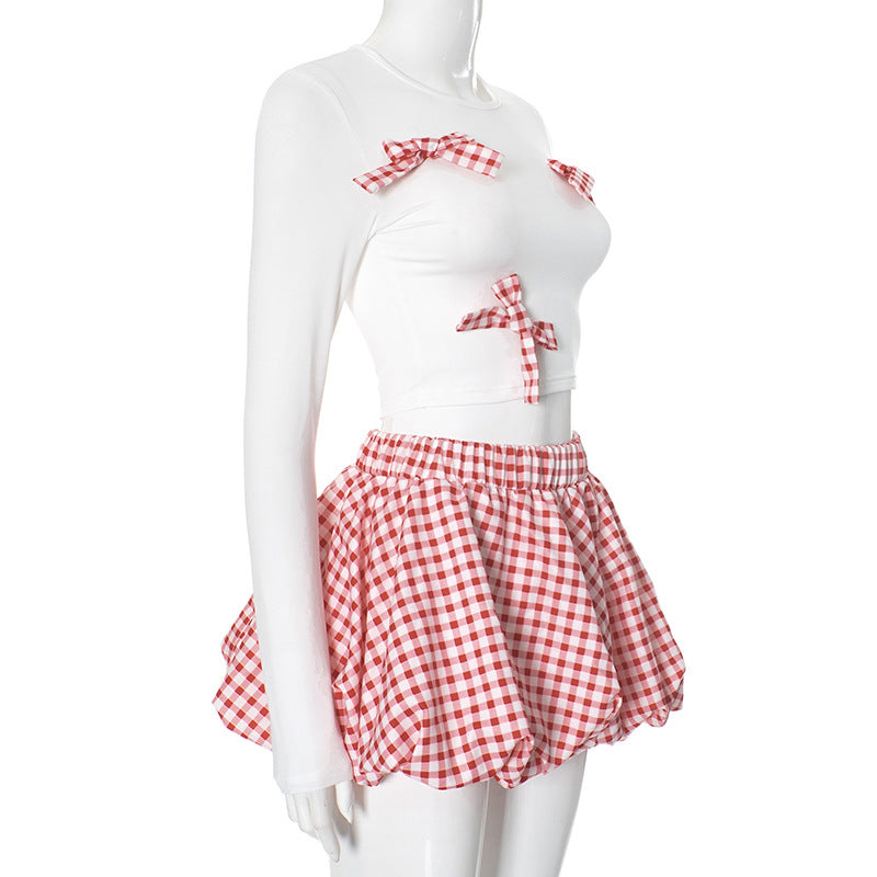 Plaid Bow-Decorated Two-Piece Set