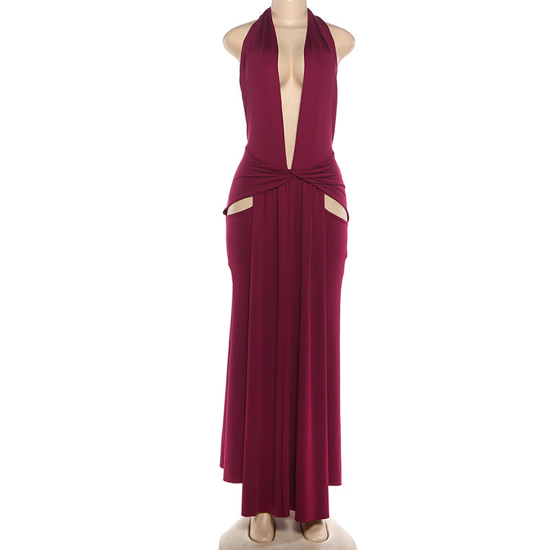 🔥 Luna Halter Plunge Backless Maxi Dress