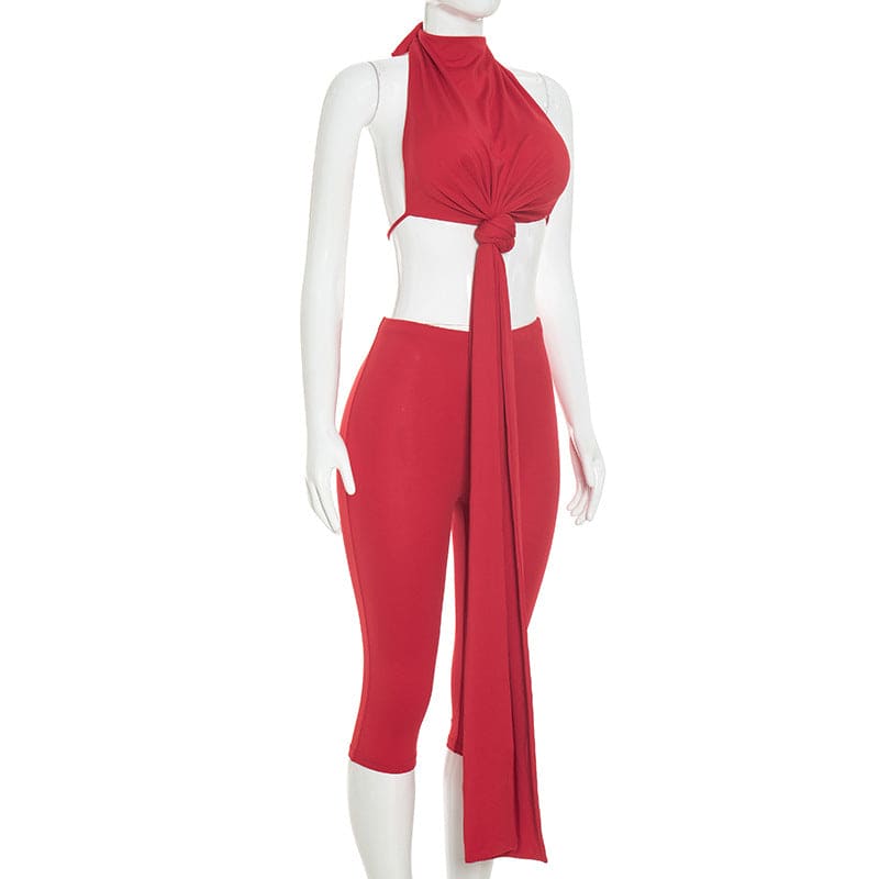 Women's Halter Lace-Up Two-Piece Set – Backless Crop Top & Cropped Pants