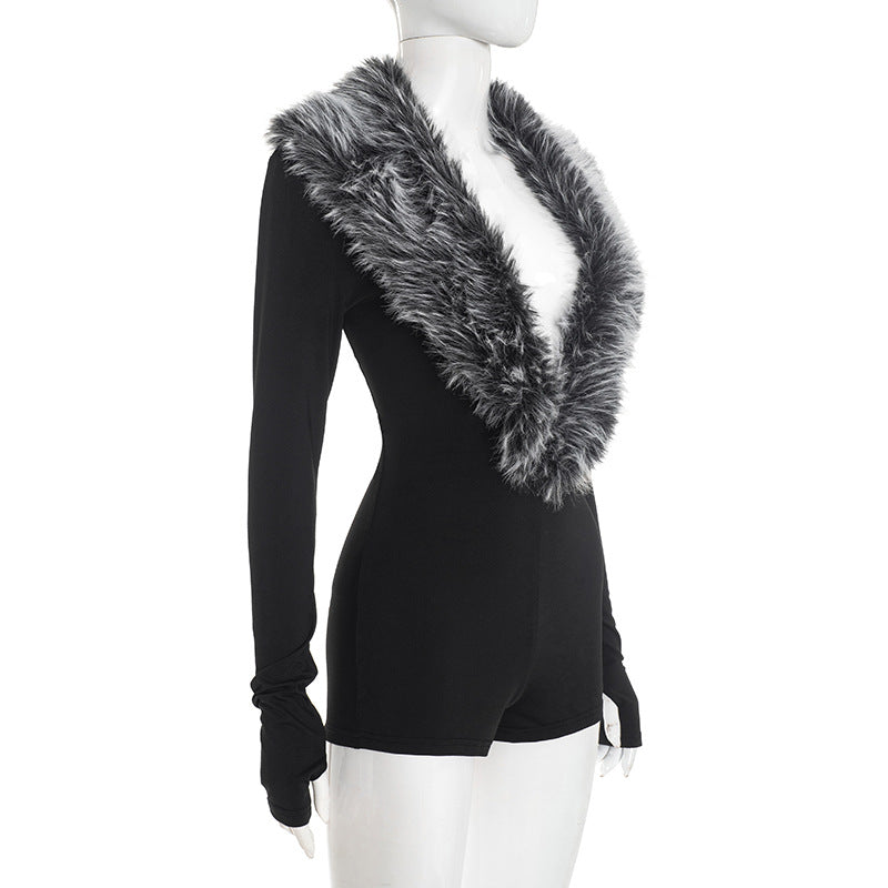 Fur Collar V-Neck Long Sleeve Romper – Elegant Tight-Fitting Autumn Winter Wear