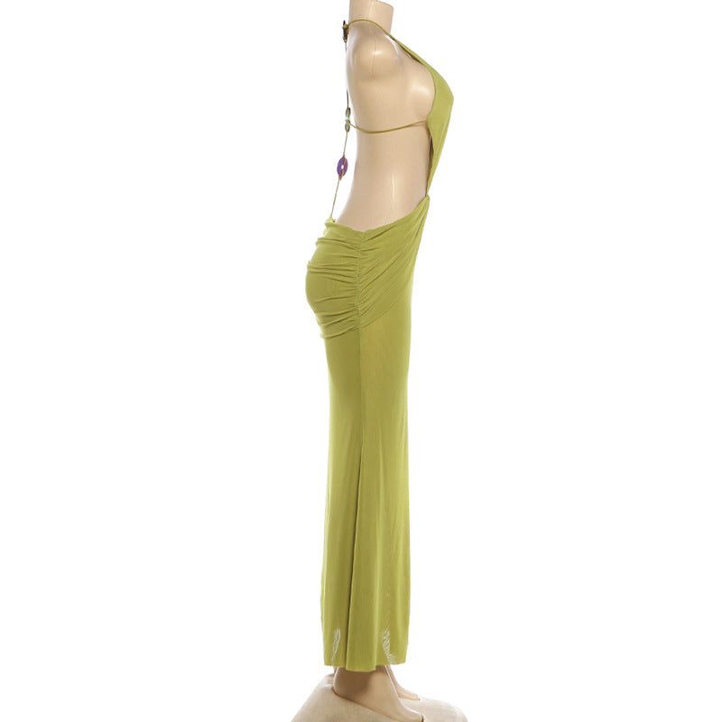 Green Mesh Halter Maxi Dress - Backless Cutout Ruched Bodycon Party Dress