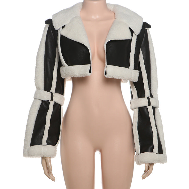 Faux Shearling Color Block Crop Jacket
