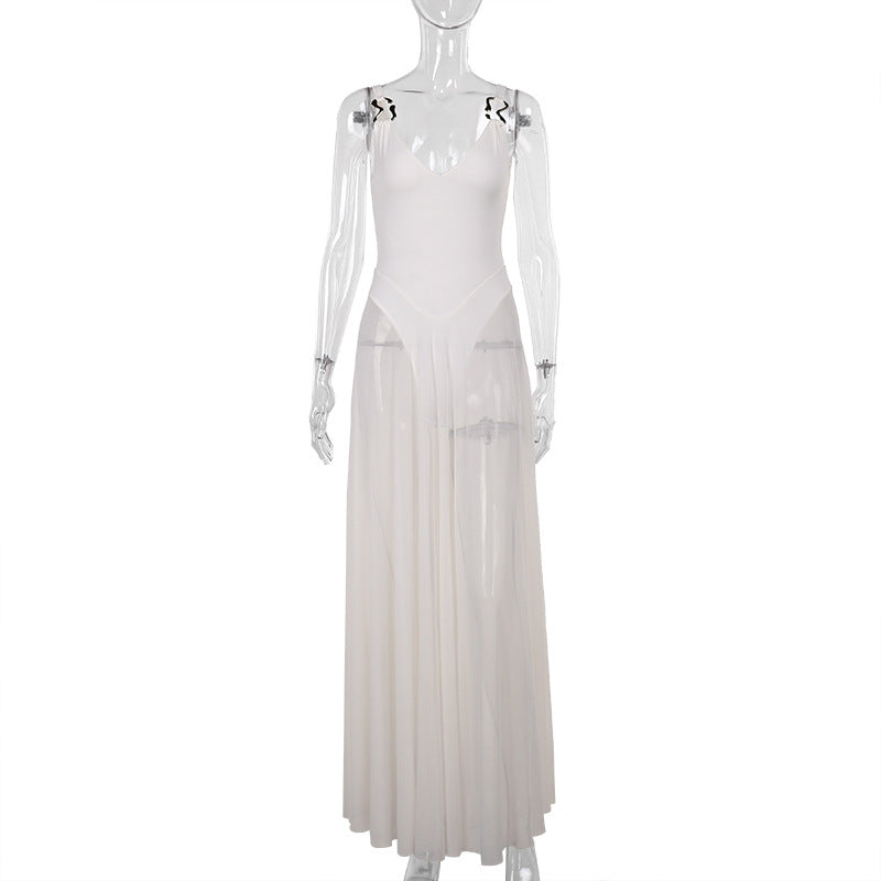 Mesh A-Line Maxi Dress | Slim Fit V-Neck Sleeveless Vacation Dress | 6 Colors