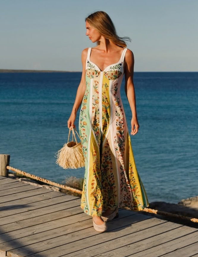 Floral Linen Maxi Dress - Suspender Strap V-Neck Vacation Dress
