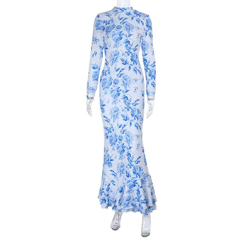 Blue & White Printed Fishtail Dress: Half Turtleneck Long Sleeve Maxi