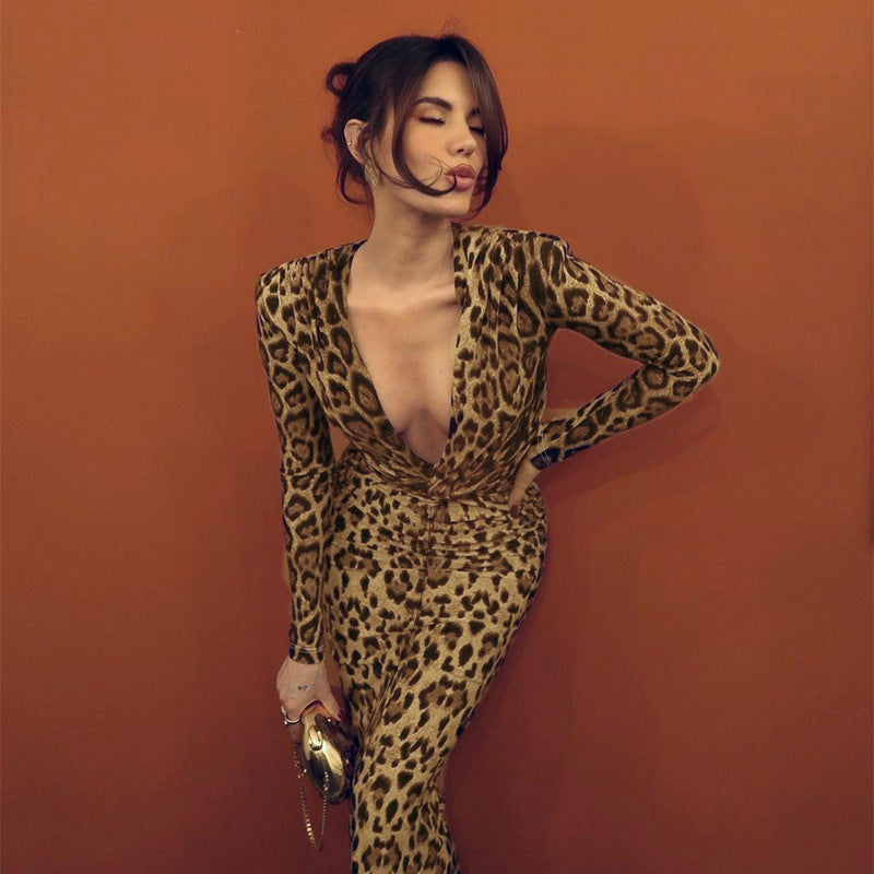 Leopard Print Maxi Dress: Long Sleeve Twist Front Bodycon Gown