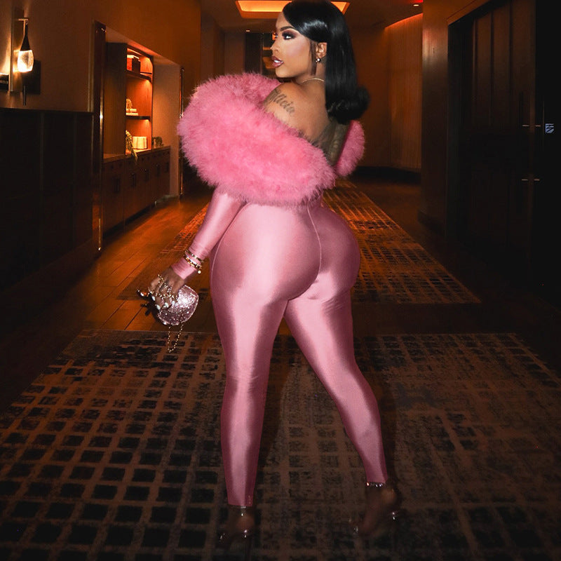 Women’s Off Shoulder Cropped Jumpsuit – Furry Stitching, Long Sleeve, Slim Fit