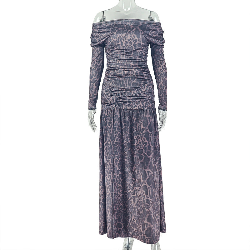 Women's Leopard Print Maxi Dress – Off-Shoulder Long Sleeve Backless Split Dress