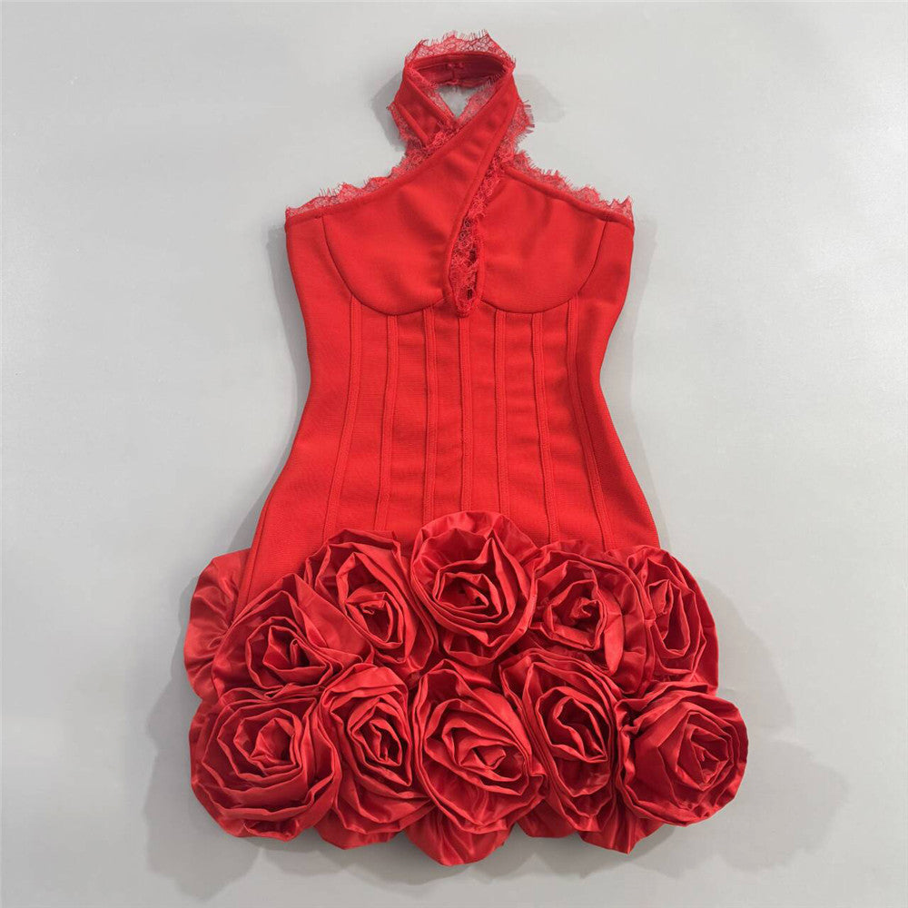 Red Floral Bandage Mini Dress: Halter Backless Lace Trim