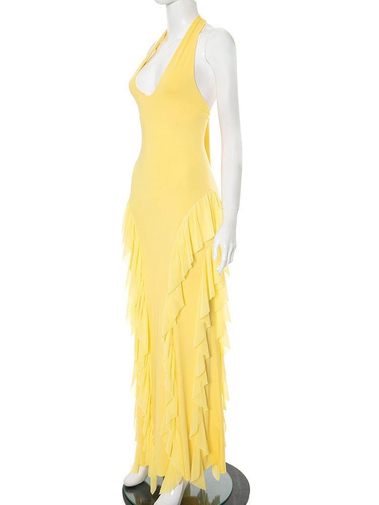 Backless Halter Maxi Dress: Sleeveless Ruffle Trim Lace-Up Detail