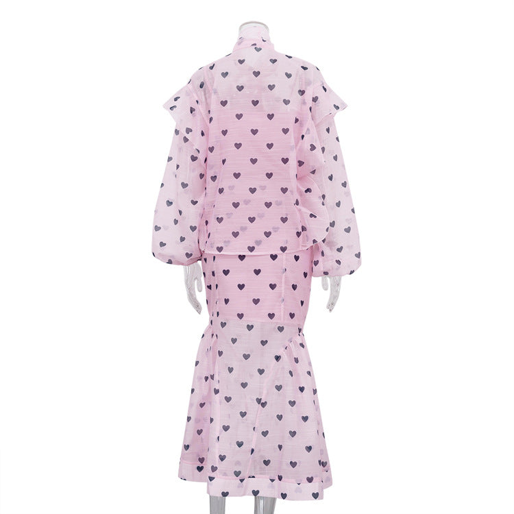 Women’s Three Piece Skirt Set – Elegant Heart Print Top and Maxi Skirt