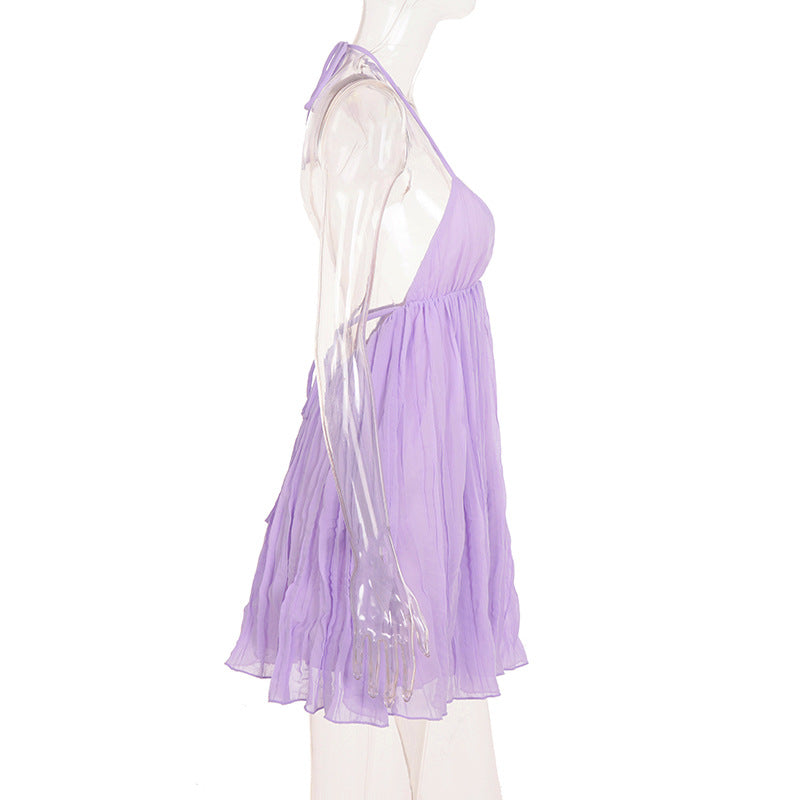 Halter Backless Ruched Mini Dress | Cutout Tie A-Line Vacation Dress | Purple