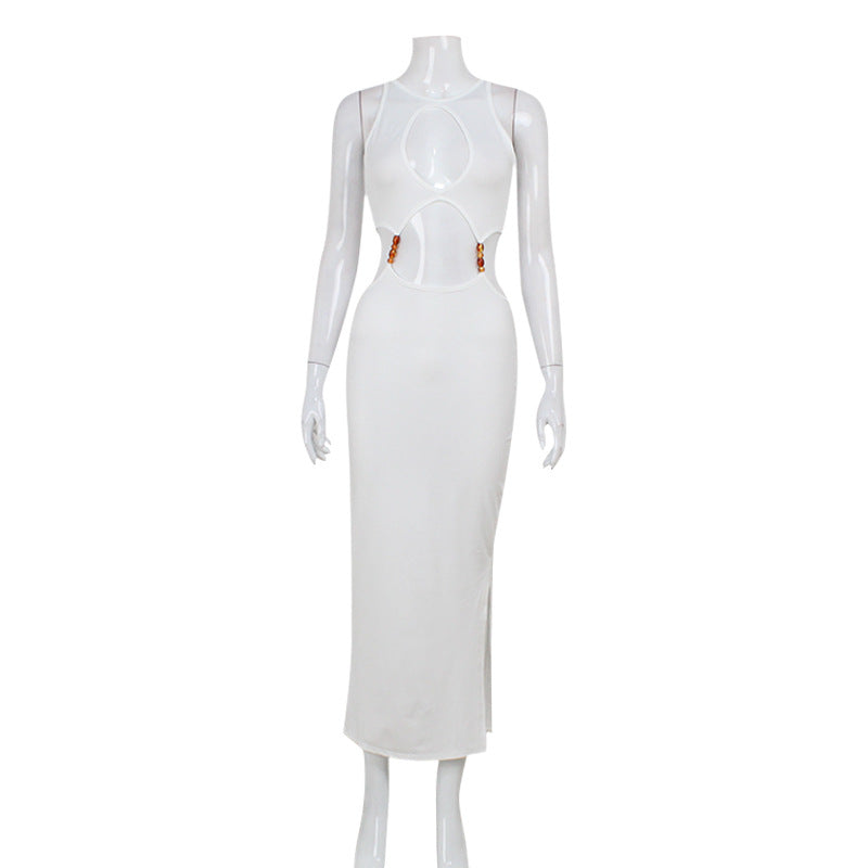 Cutout Split Bodycon Midi Dress - Metal Detail Sleeveless Club Dress