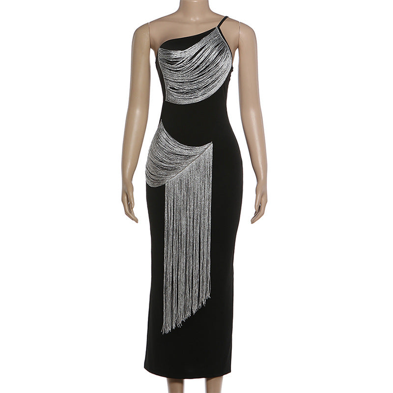 Black One-Shoulder Fringe Tassel Maxi Dress - Asymmetric Bodycon Party Dress