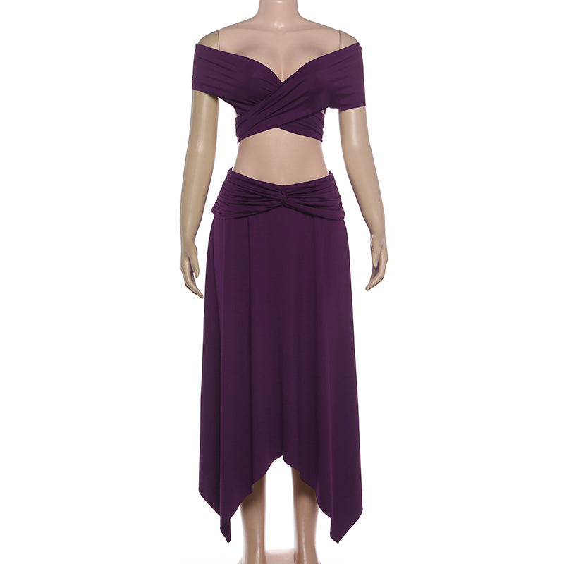 Deep V-Neck Ruched Twisted Crop Top & Asymmetric Midi Skirt Set | Sleeveless Two-Piece Set | Purple | Sizes S-L