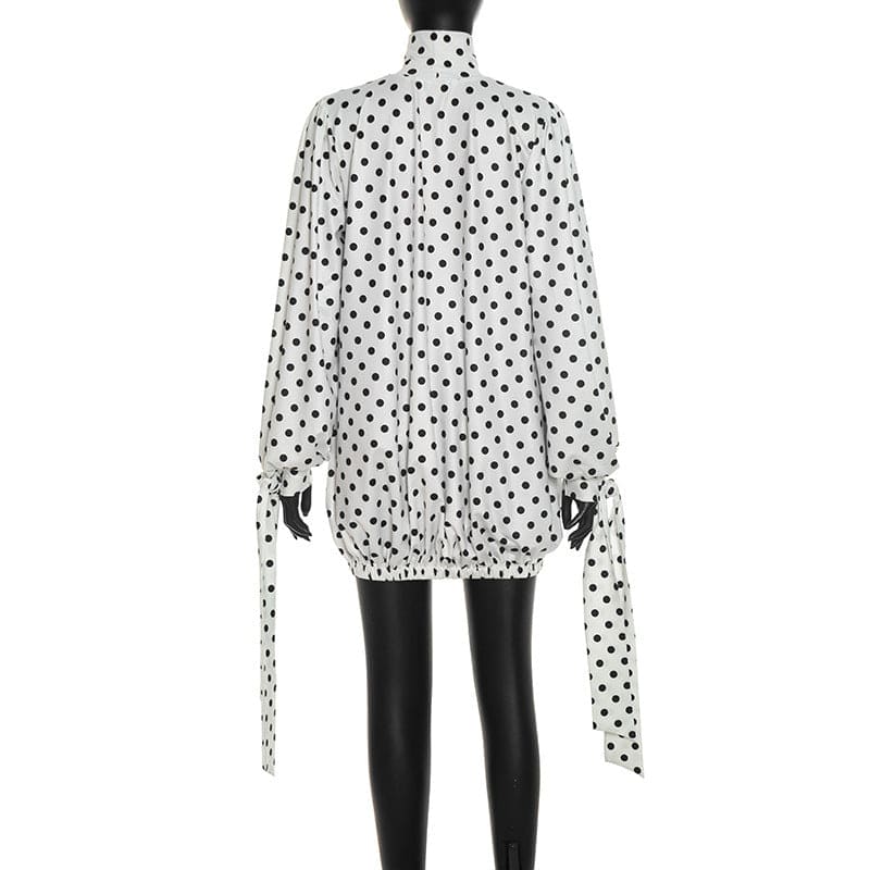Women's Polka Dot Long Sleeve Mini Dress – High Neck Drawstring Bodycon Dress