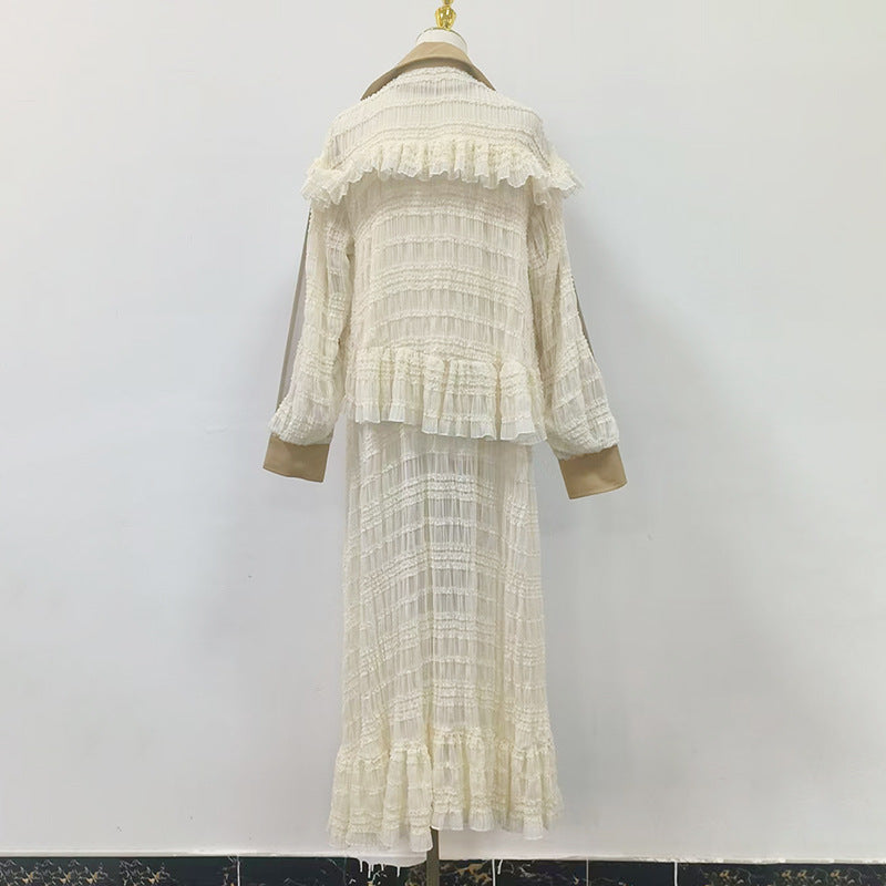 Women’s Lace Stitching Belted Trench Coat – Elegant Double-Breasted Long Coat