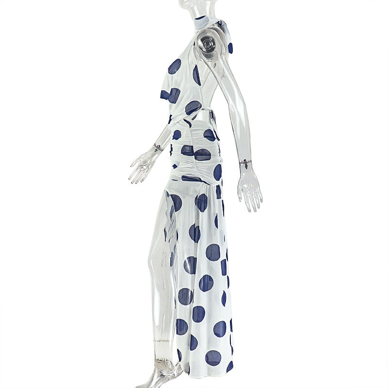 Women’s Polka Dot Backless Maxi Dress – Sleeveless Bodycon Split Dress with Ruched Tie Detail