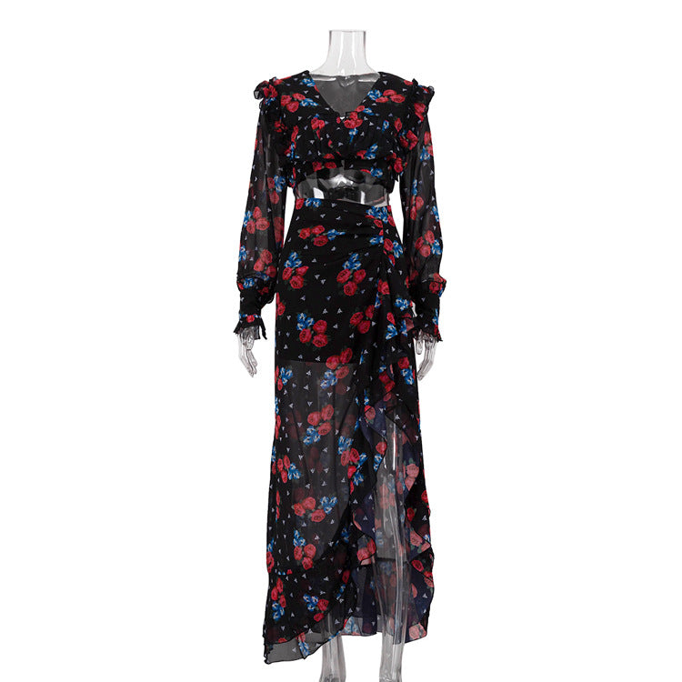 Women's Sexy Digital Print Skirt Suit: Long Sleeve Top & High Slit Skirt Set