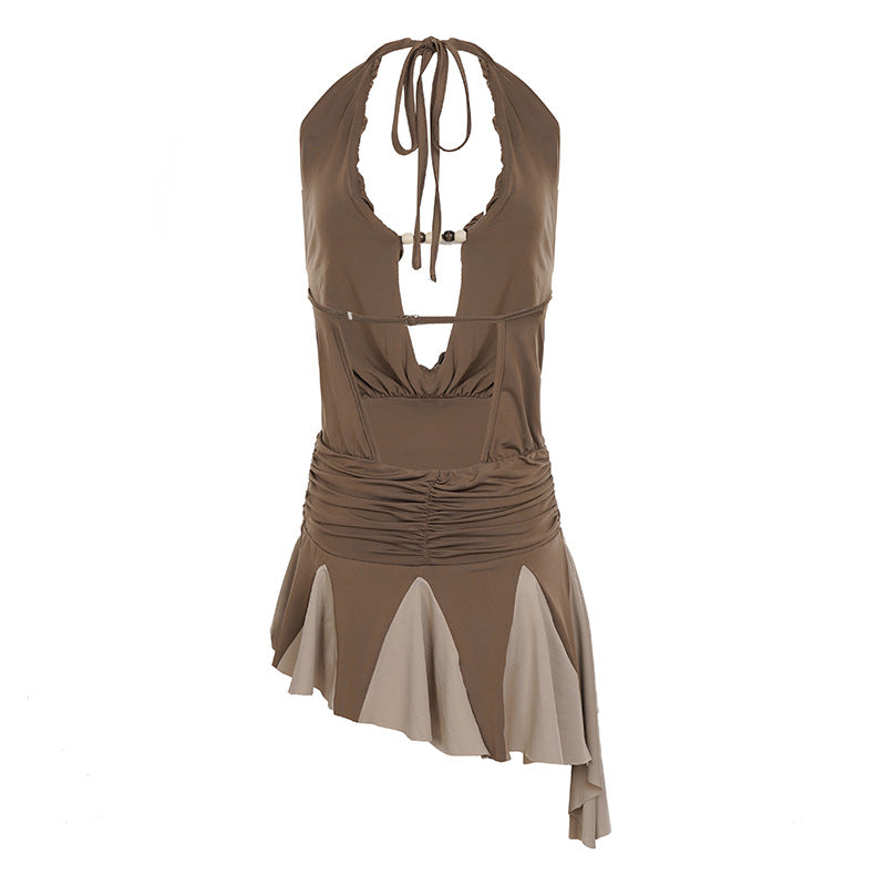 Brown Halter Ruffle Dress - Backless Asymmetric Pleated Mini Dress
