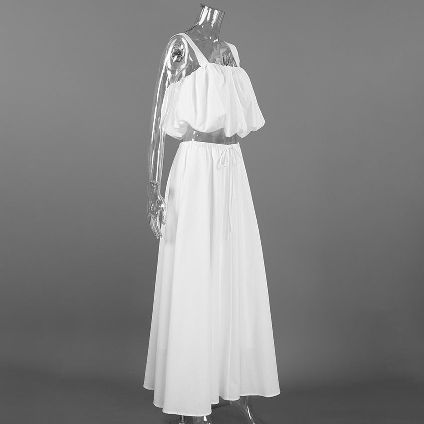 Cotton Square Neck Crop Vest & Maxi Skirt Two-Piece Set | Sleeveless Elegant Summer Set | White | Sizes S-L