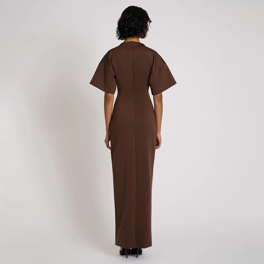 Pleated High Split Maxi Dress: Round Neck Bodycon Slim Fit for Women