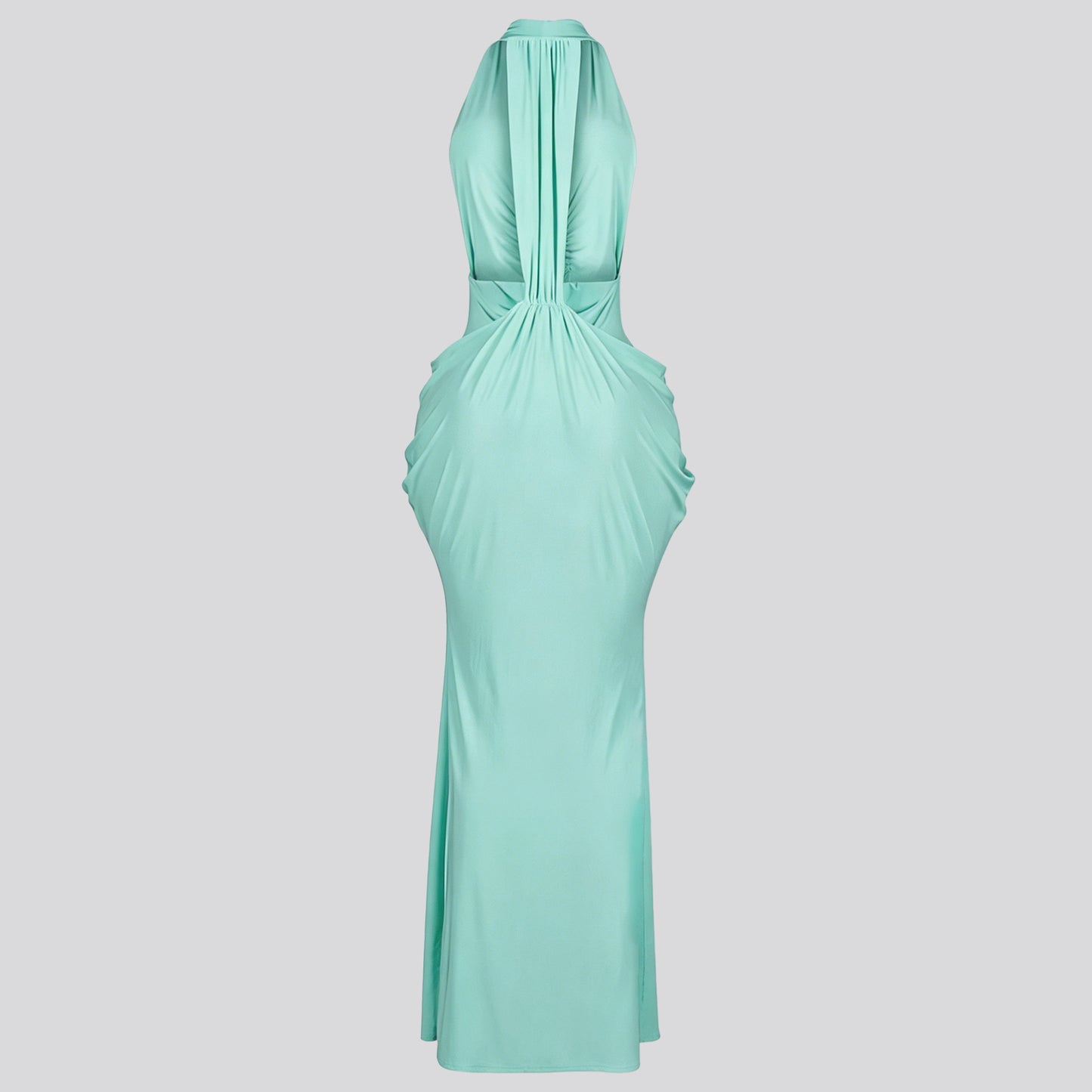 Women's Halter V-Neck Maxi Dress – Sexy Backless Lace-Up Ruched Bodycon Dress