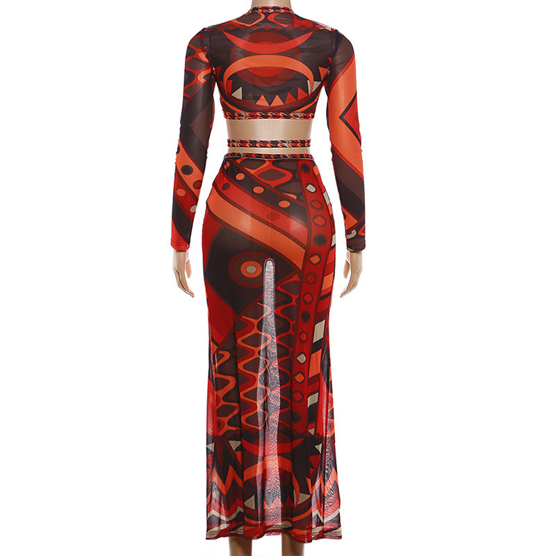 Women's Printed Two-Piece Skirt Set – Long Sleeve Crop Top & Maxi Skirt