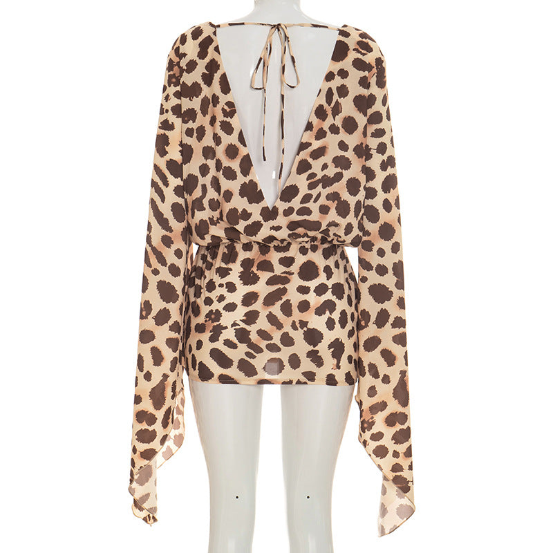 Leopard Print Deep V Lace-Up Cutout Ruched Mini Dress | Long Sleeve Backless Bodycon Dress | Sizes S-L