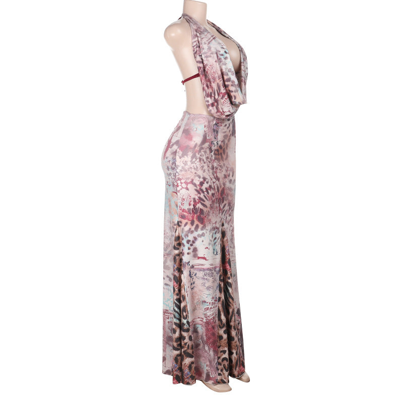 Summer Backless Animal Print Maxi Dress - Ruched Cowl Neck Bodycon