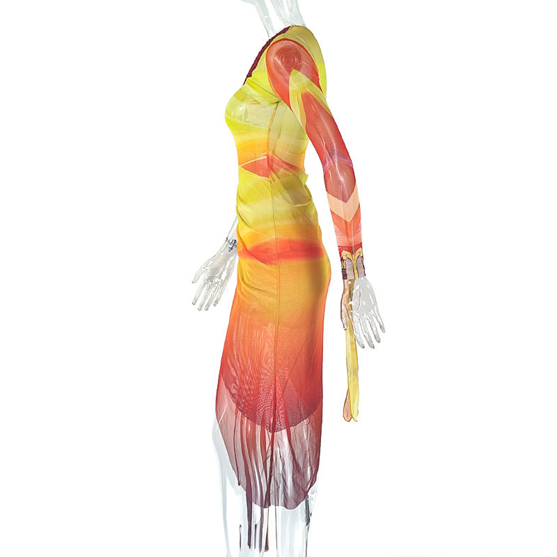 Women’s Asymmetrical Ombre One-Shoulder Maxi Dress – Ruched Bodycon with Slit and Lace Detail