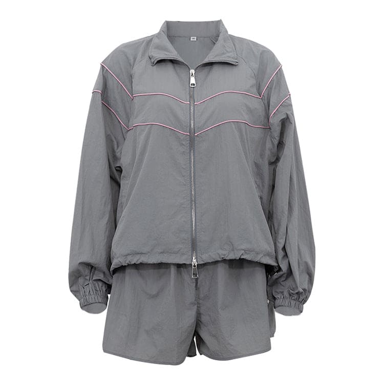 Gray Zip-Up Jacket & Shorts Set - Loose Fit Collared Athleisure 2-Piece Set