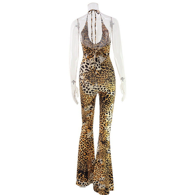 Women's Leopard Print Halter Backless Cutout Jumpsuit