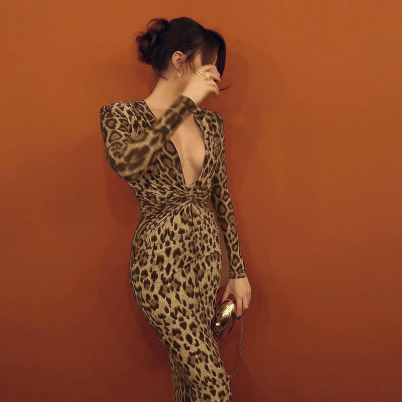 Leopard Print Maxi Dress: Long Sleeve Twist Front Bodycon Gown
