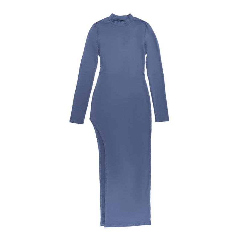 Sexy Half Turtleneck Evening Gown: Slim Fit Backless Long Sleeve Split Maxi Dress