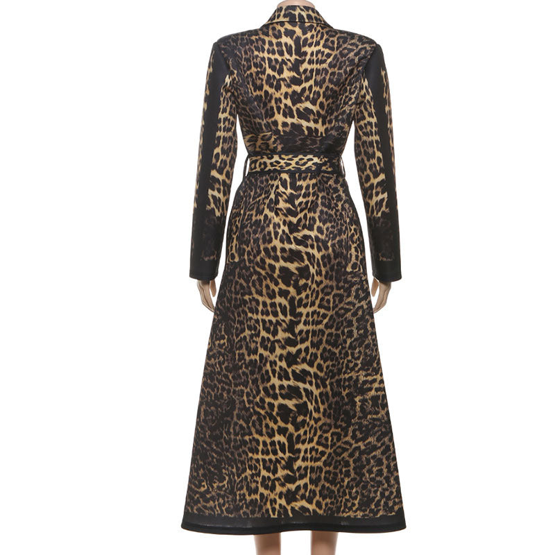 Women’s Leopard Print Belted Trench Coat – Casual Extra-Long Animal Print Coat