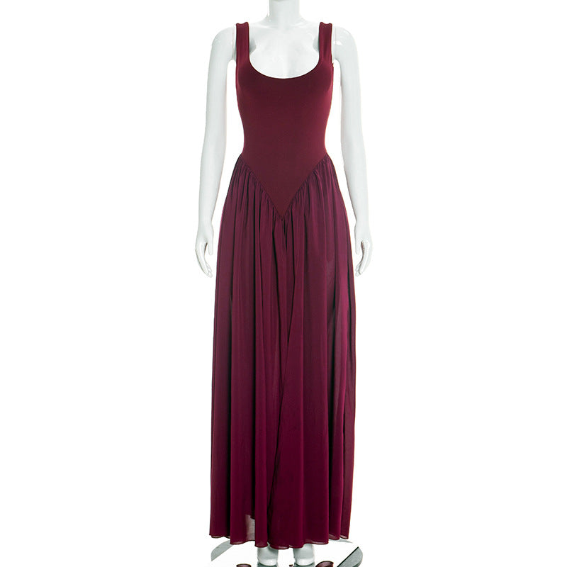 Wine Red Ruched Maxi Dress - Sleeveless Side Split A-Line Dress