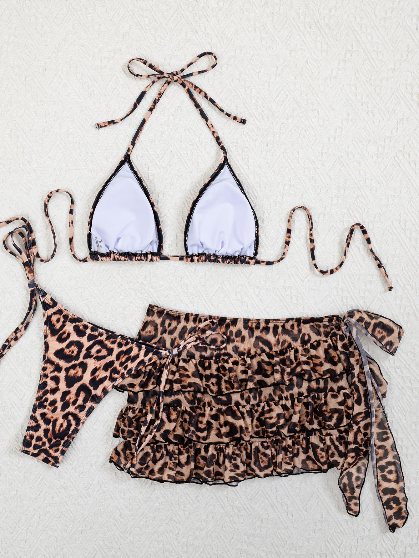 Leopard Print Halter Asymmetric Ruffle Ruched Three-Piece Bikini Set | Tie Swimsuit | Sizes S-L