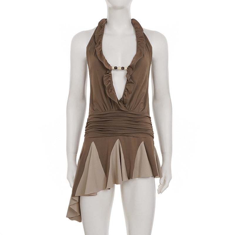 Brown Halter Ruffle Dress - Backless Asymmetric Pleated Mini Dress