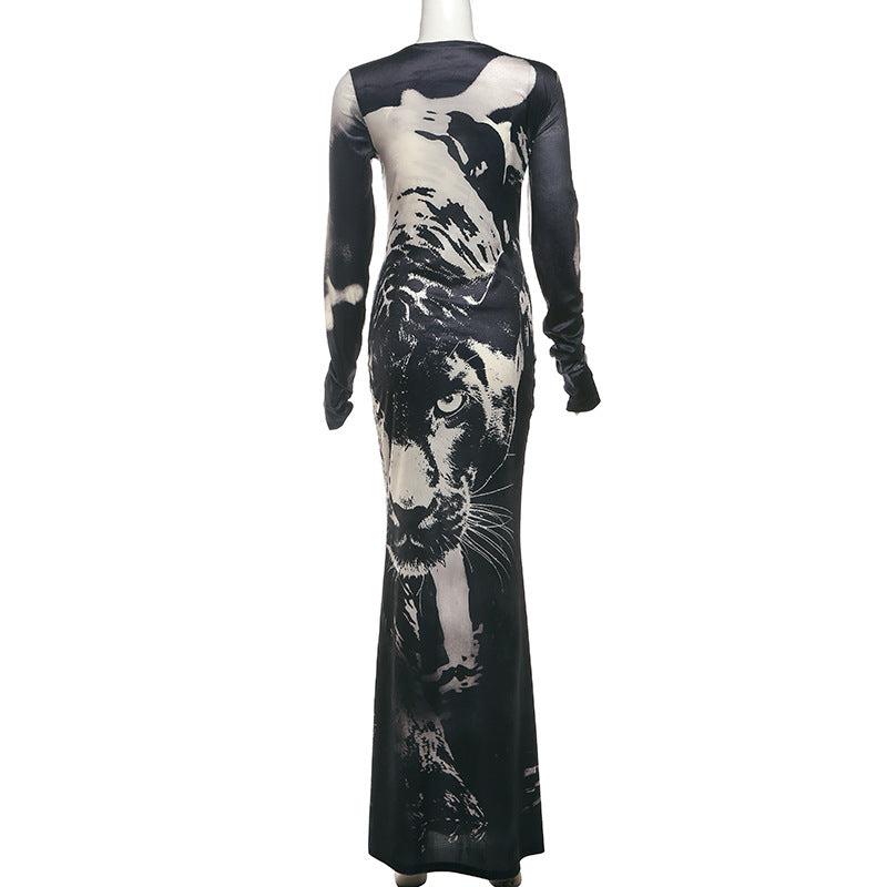 Elegant Printed Long-Sleeve Maxi Dress
