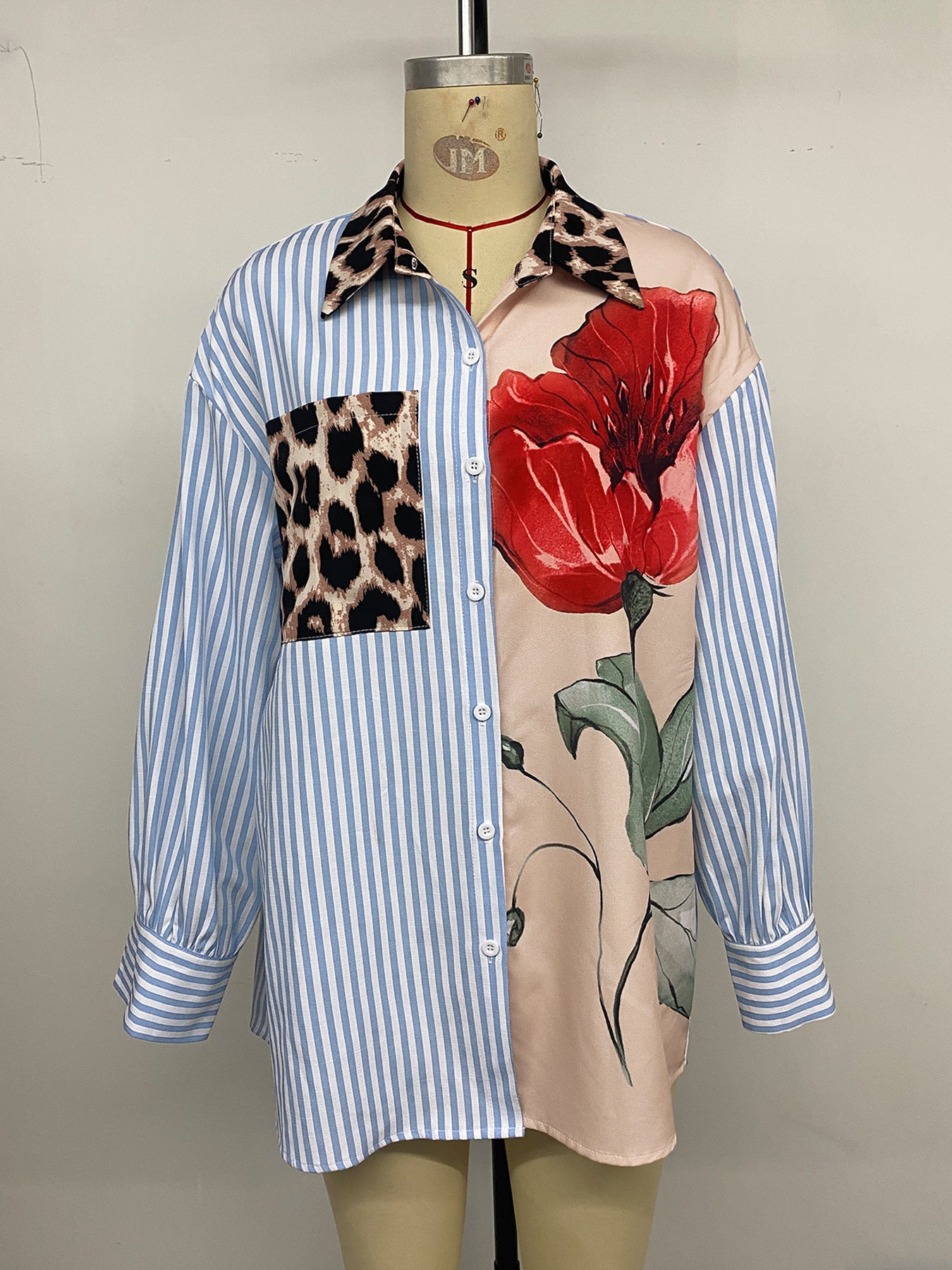 Women’s Casual Printed Stripe Color Block Shirt – Long Sleeve Collared Button-Up Top with Pocket