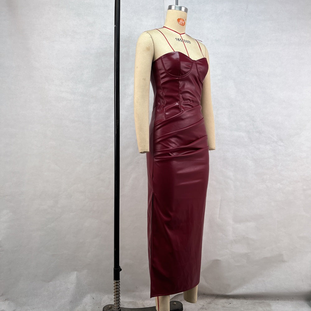 Burgundy Faux Leather Tube Dress: Strapless Split-Hem Bodycon