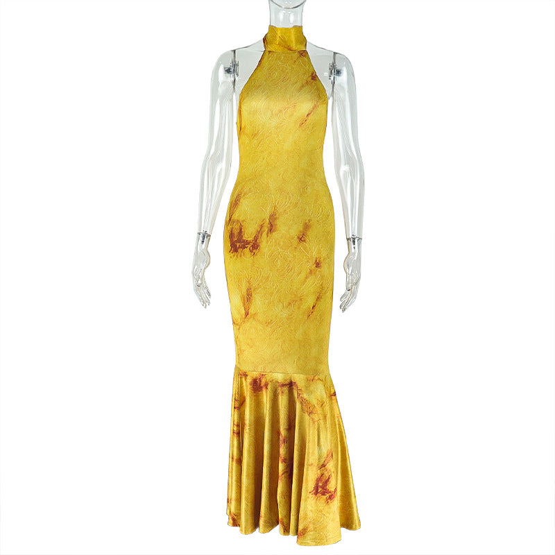 Yellow Backless Turtleneck Fishtail Dress: Slim Fit Sheath Maxi Gown