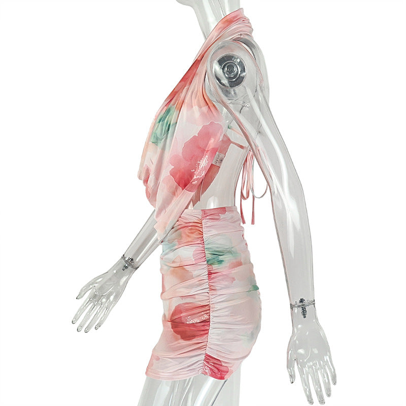 Printed Cowl Neck Backless Ruched Crop Top & Mini Skirt Set | Sleeveless Sexy Two-Piece Set | Pink | Sizes S-L
