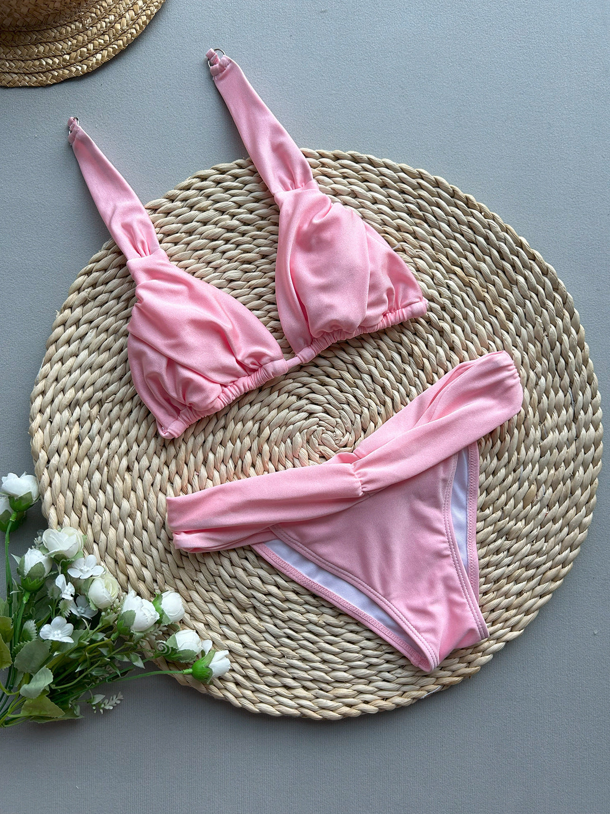 Solid Color Ruched Tie Bikini Set | Regular Strap Boho Swimsuit | 2 Colors | Sizes S-L